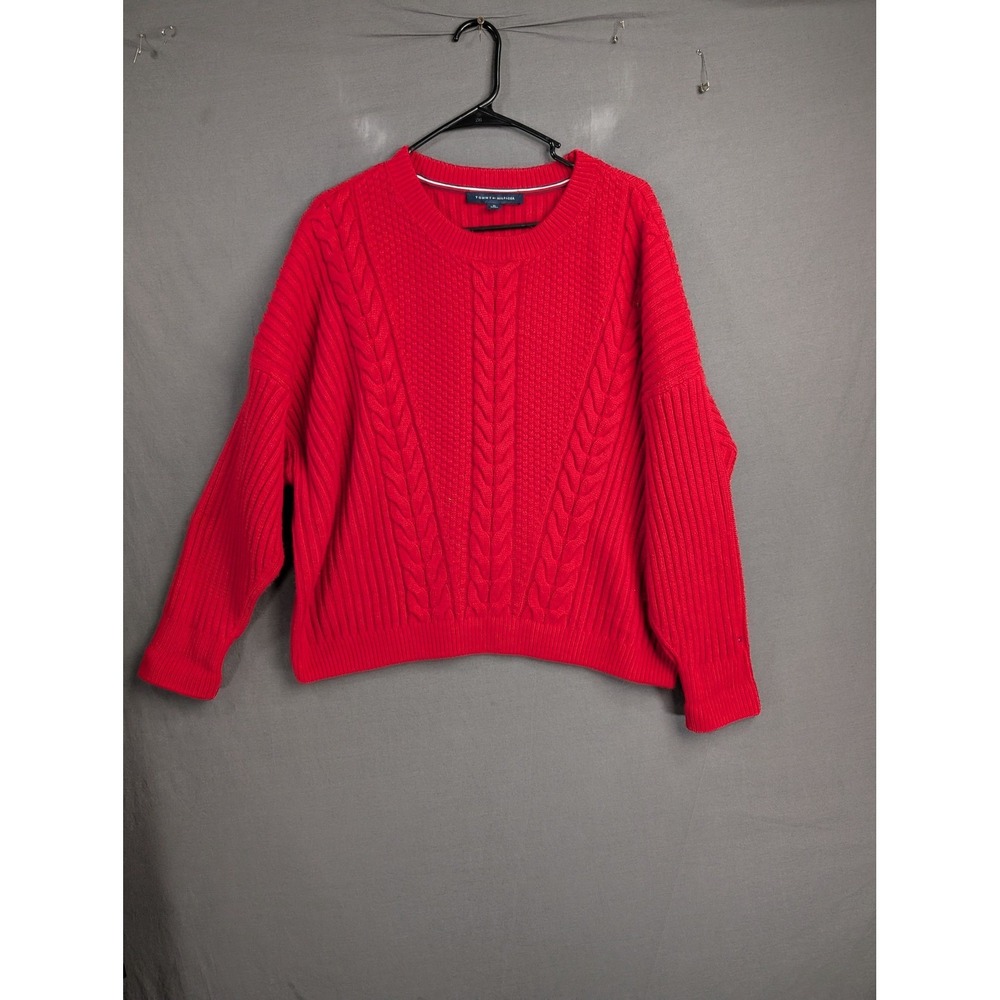 Tommy Hilfiger Red Cable Knit Crewneck Sweater XL Long Sleeve Ribbed Knit